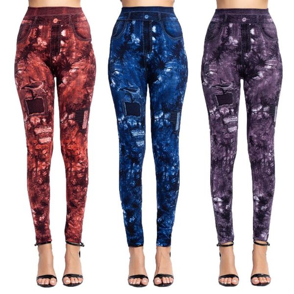 

women's leggings women elastic shaping pants high waist fitness sports faux denim jeans gym workout running slim push up trousers, Black