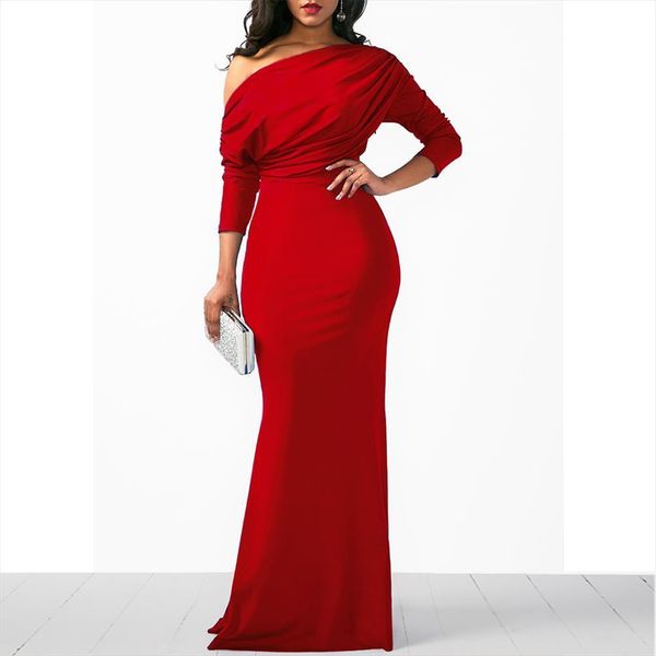 

oblique shoulder slim folds long women dress elegant evening party floor length dresses vestido de festa, Black;gray