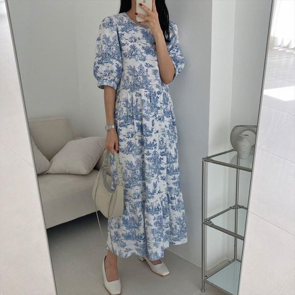 

korean chic temperament elegant slim womens dress retro o neck puff sleeve high waist floral vestido mujer fashion print, Black;gray