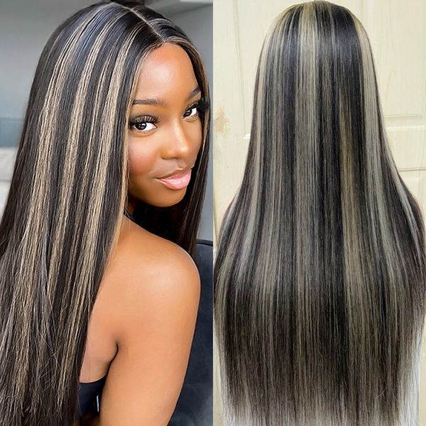 

allove highlight p1b/grey straight 4x4 lace closure front wig body wave human hair wigs for women all ages 8-32 inch ombre color natural, Black;brown
