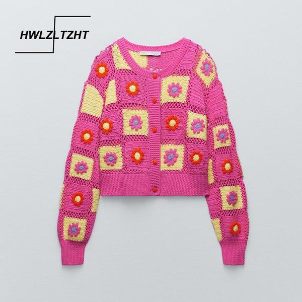 

women's knits & tees hwlzltzht 2021 flower knitted cardigan hollow out sweater women autumn print long sleeve warm knit jacket woman, White