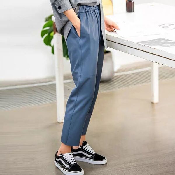 

capris women pants 100% fashion natural genuine sheep leather crop jeans elastic belt waist trousers, Black;white