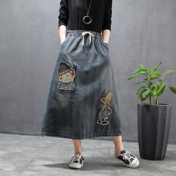 

skirts plus size long denim women vintage cartoon patchwork elastic high waist casual oversized female maxi jeans, Black