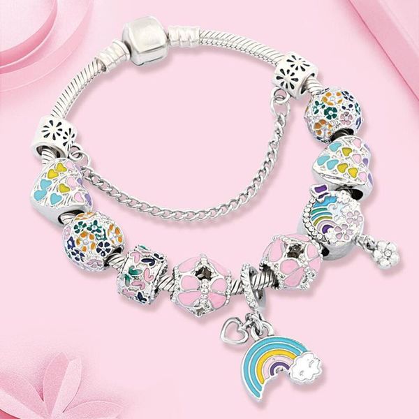 

charm bracelets drop multi color blooming flowers bracelet trendy diy rainbow moon heart bead for women girl gift, Golden;silver