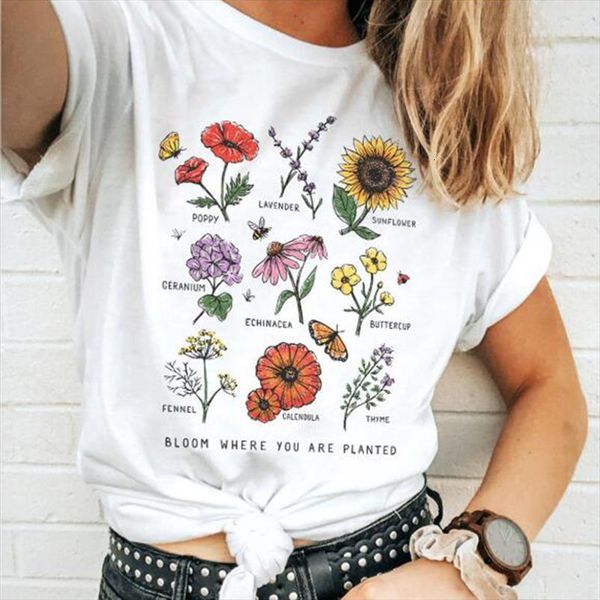 

bloom where you are planted womens t shirts botanical flower print cotton sunflowers oversized colorful graphic tee, White