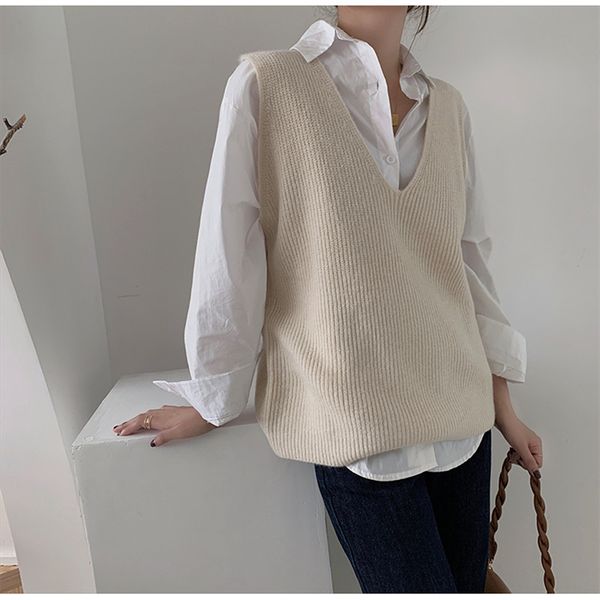 

2021 autumn knitted vest for women cardigan sweater solid v-neck thin contrast loose sweet elegant casual all match female, Black;white