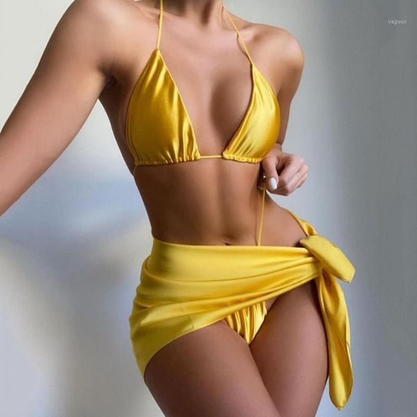 Damenbadebekleidung 3 Stück Sexy Bikinis Set Frauen Badeanzug Dreieck Cup Neckholder Tops BHs + Low Rise G-Strings Cover Up 2021