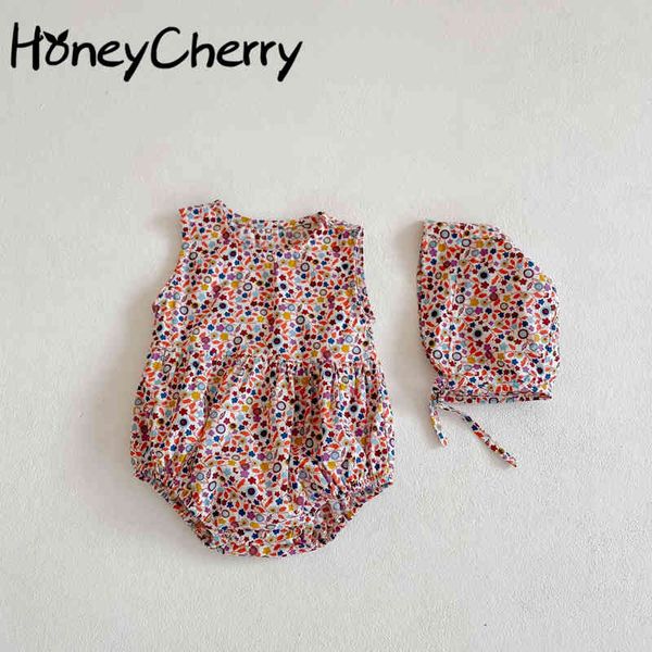

summer sleeveless cotton floral piece bodysuit born girl clothes 210515, Blue