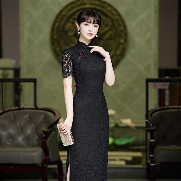 

ethnic clothing lace hollow out sleeve cheongsam lady floral black dress gown chinese mandarin collar qipao elegant party prom vestidos, Red
