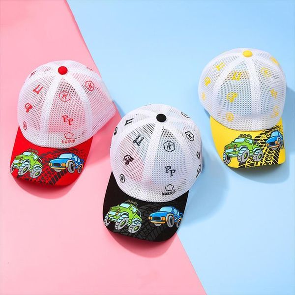 

cartoon car printing kids baseball cap summer mesh breathable boys girls sun hat hip hop outdoor beach casual, Blue;gray