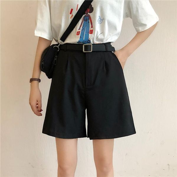 

large size vertical feel black women short high waisted five minute suit shorts loose straight tube height, White;black