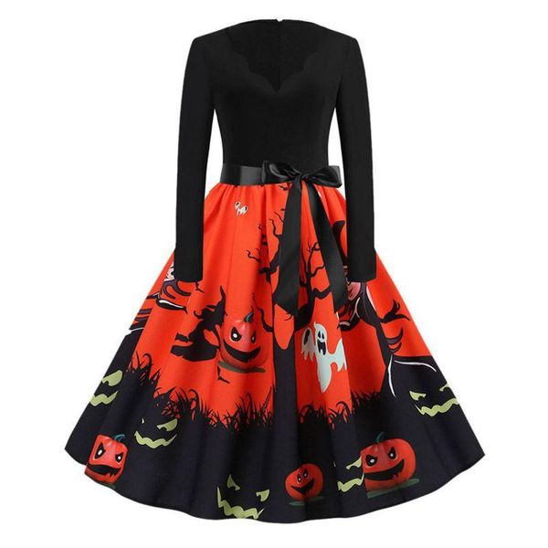 

casual dresses women's dress halloween party waves v-neck sleeves striking stitching print bow belt big swing female clothing autumn, Black;gray