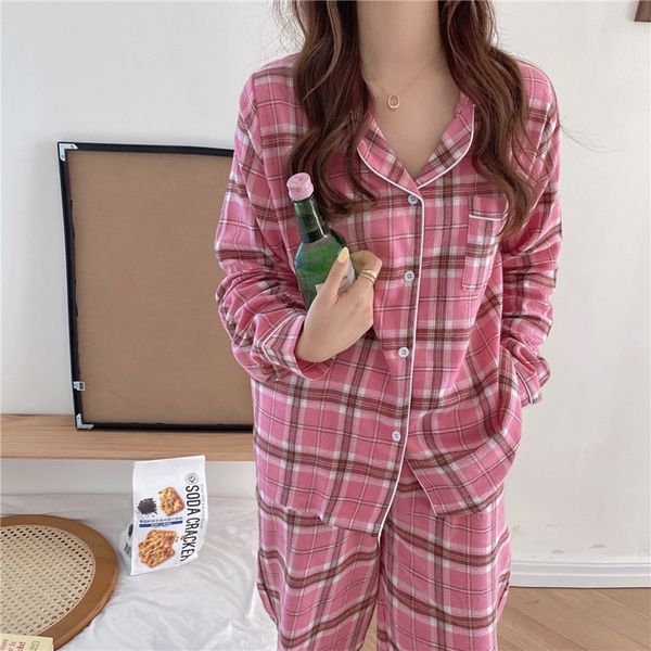 

sleepwear oversize all match plaid homewear stylish loose nightwear sweet chic two piece suit casual pajamas sets, Black;red