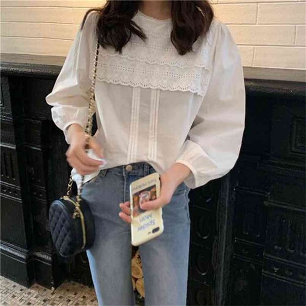 

arrival spring autumn preppy style single-breasted lace blouse women loose casual o-neck shirts cotton ladies s337 210512, White
