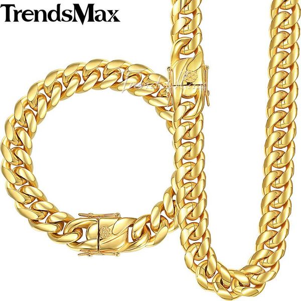 

earrings & necklace trendsmax miami curb cuban link womens mens jewelry set 316l stainless steel hip hop gold silver color tone 8/12/14mm kh