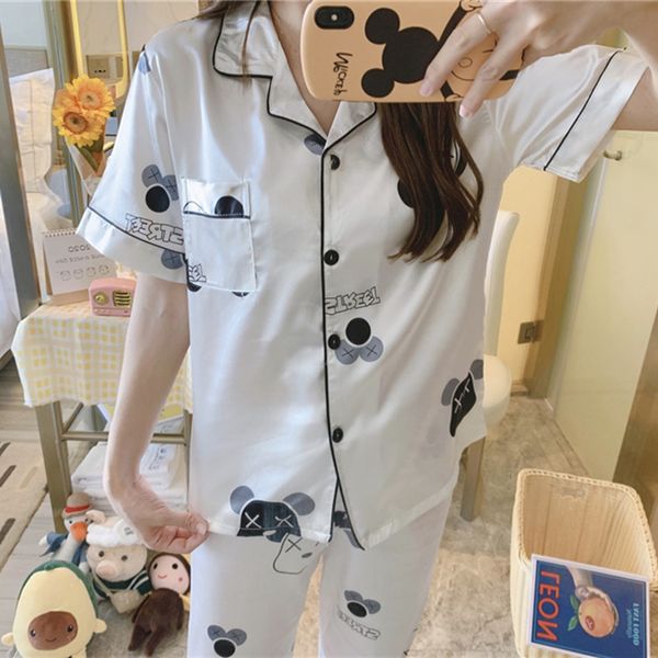 

summer sleepwear short sleeve trousers ice silk students lovely loose leisure large size home dress two sets, White