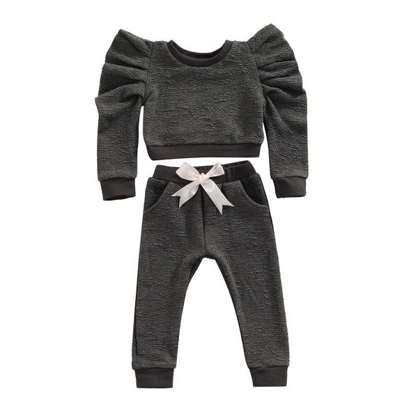 

clothing sets 2pcs girls autumn tracksuit, solid color puff sleeve pullover + bowknot pants for kids, 6 months to 5 years, White