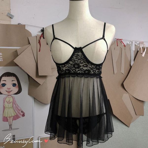 

underwear 1920 style gauze perspective sleeping skirt with thong large, Red;black