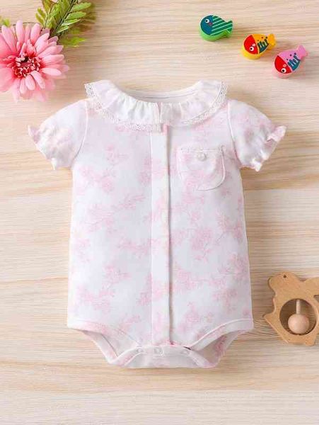 Bebê floral impressão guipure lace guarnição remendado bolso sopro manga bodysuit ela