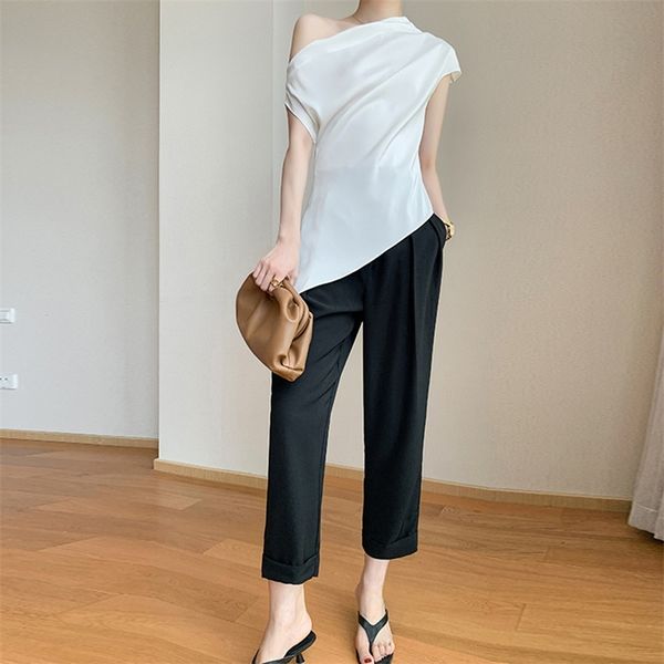 

summer solid two piece set for women irregular short sleeve one shoulder + high waist black pants suits 210520, White