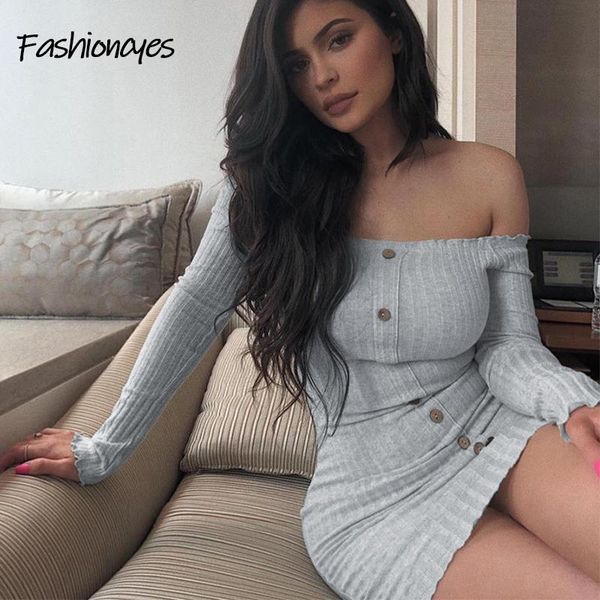 

casual dresses fashioncyes for women party club knitted mini dress solid off the shoulder bodycon fall strapless vestido 2021, Black;gray
