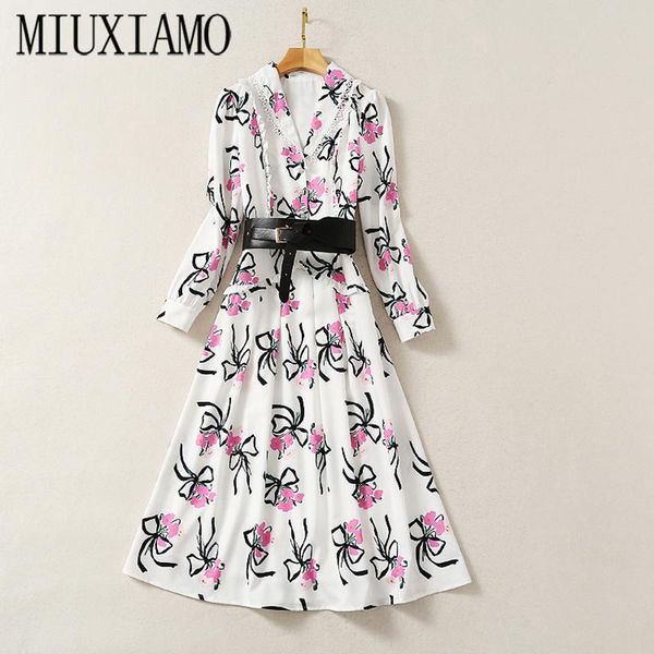 

casual dresses miuximao high quailty 2021 fall long sleeve flowers print vintage lace mid-calf beach dress women with belt, Black;gray