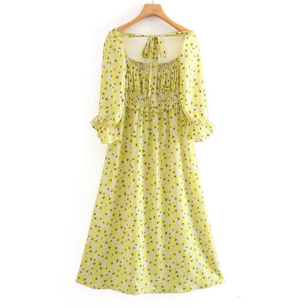 

dresses new women's print mid-sleeve one-line side split retro bubble sleeve lemon yellow little floral female dress, Black;gray