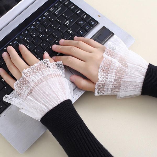 

five fingers gloves richkeda store 2021 1 pair korean women girls fake flared sleeves lace pleated ruched false cuffs, Blue;gray