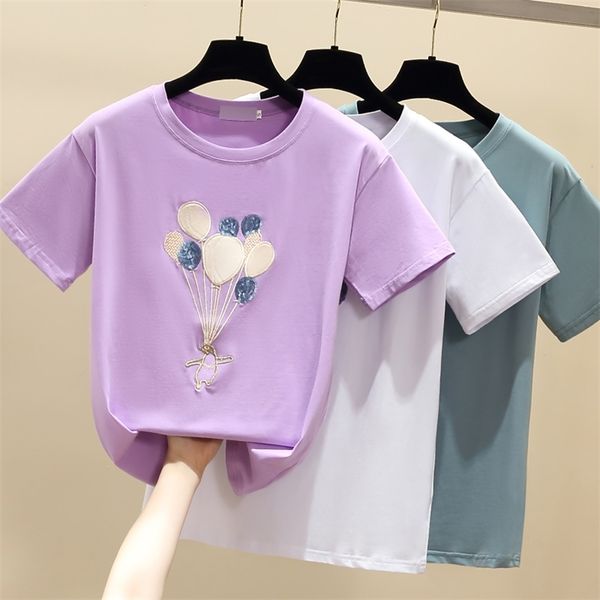 Wwenn manga curta de algodão menina camiseta femme coreano verão t mulheres tops applique branco t roupas roxo azul 210507