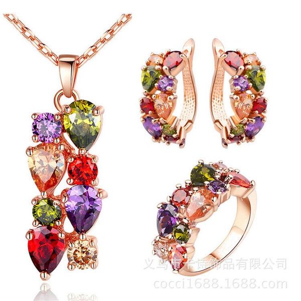 

earrings & necklace 3 pcs/set bridal jewelry mona lisa colorful shiny zircon allergy ring set women fashion sets, Silver