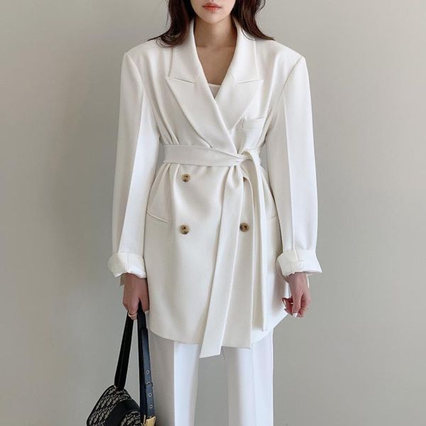 

women's two piece pants [ewq] korea chic autumn casual trendy women lapel double-breasted blazer + fashion high-waisted wide-leg trouse, White