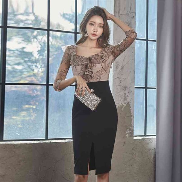 Sexy Patchwork enge koreanische Damen Langarm Spitze V-Ausschnitt Nachtclub Partykleid für Frauen China Kleidung 210602