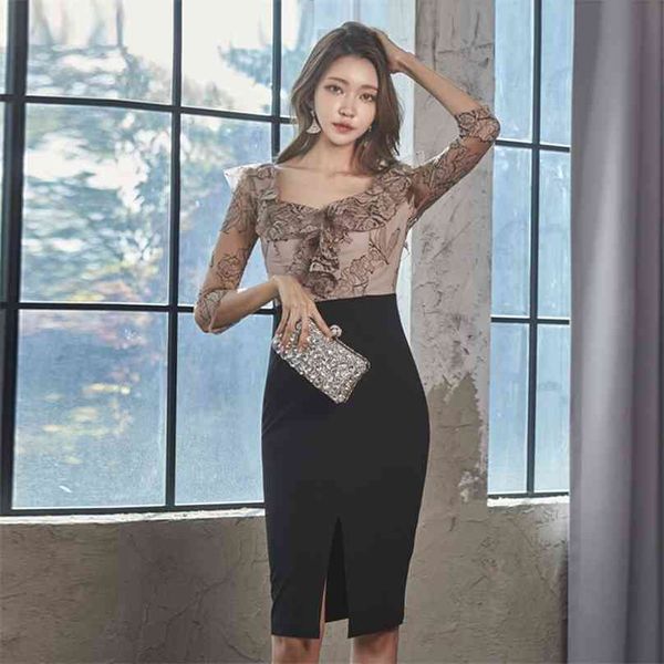

patchwork tight korean ladies long sleeve lace v neck nightclub party dress for women china clothing 210602, Black;gray