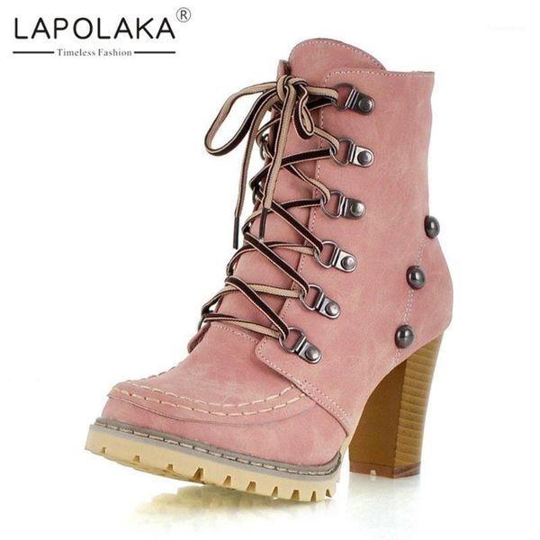 

boots lapolaka 2021 fashion big size 43 high heels concise woman shoes lace up platform motorcycle female1, Black