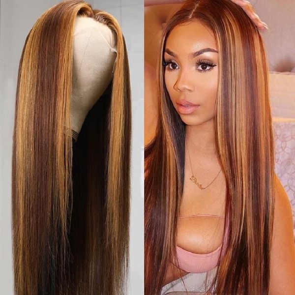 

lace wigs #4/27 highlight colored human hair 13x4 13x6 ombre straight front wig brazilian virgin for black women, Black;brown