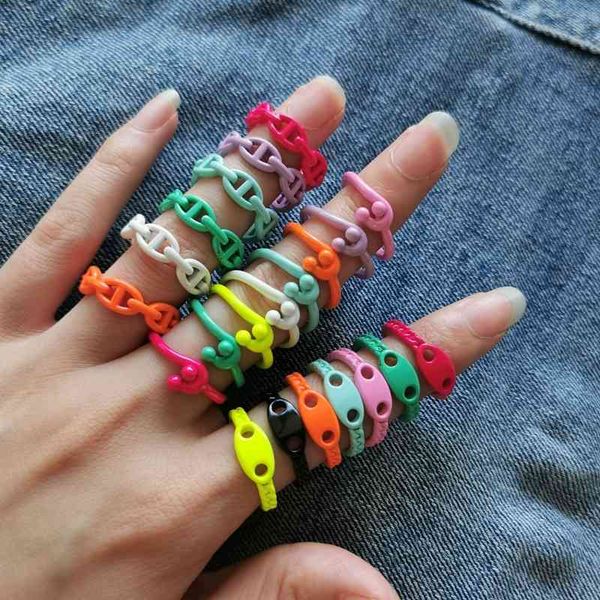 

10pcs 2021 summer fashion simple design enamel colorful size finger rings candy color jewelry ring for women, Silver