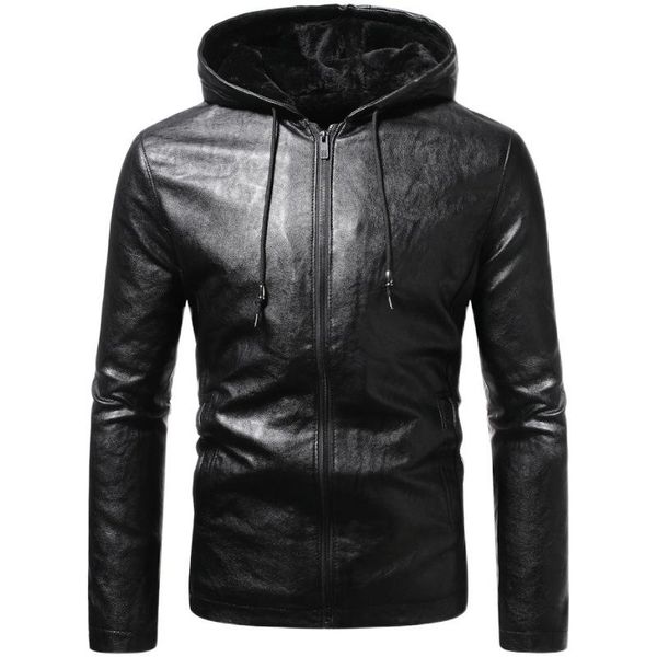 

men's fur & faux mens leather jackets 2021 winter fleece warm hooded pu jacket coat men casual thicken motorcycle outerwear male, Black