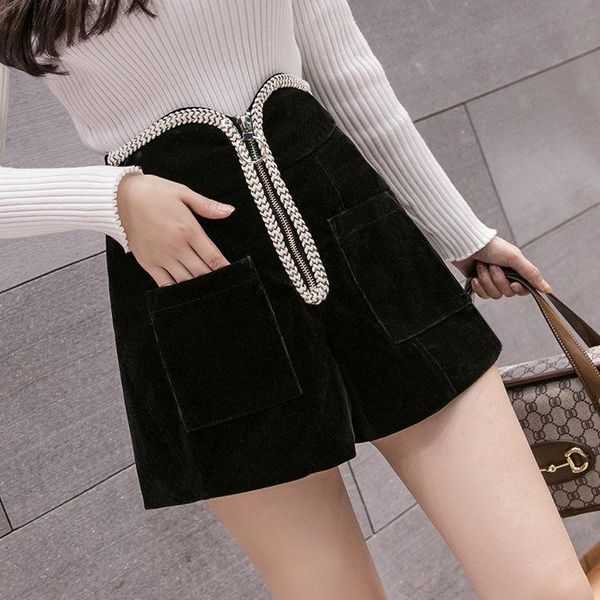 

women's shorts women 2021 autumn winter fashion velvet female high waist wide leg casual ladies office work wear z408, White;black