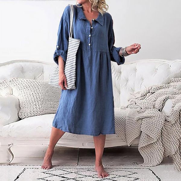 

casual dresses fashion loose denim blue midi dress summer women high waist button lapel comfortable beach party robe femme, Black;gray