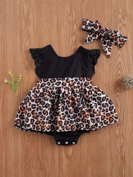 

baby girl contrast leopard panel dress with headband she, Red;yellow