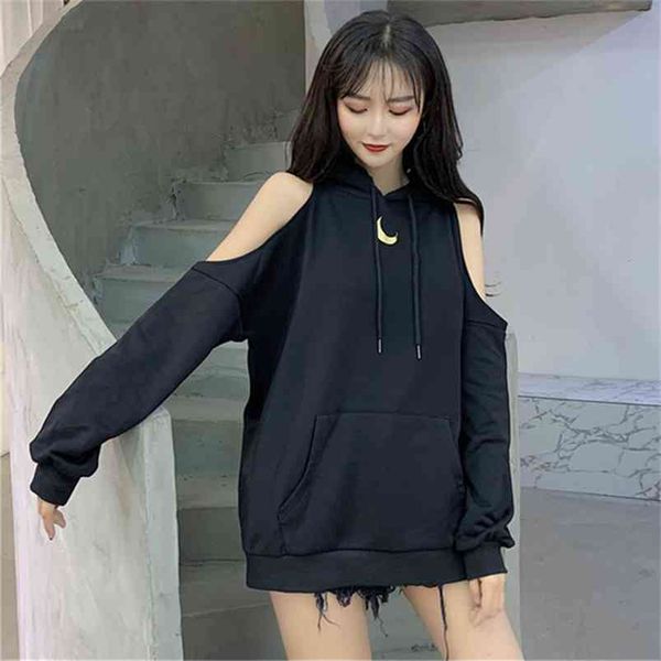 

nclagen leisure hoodies korean loose casual crescent print shoulder bare hooded pullover streetwear plus size sweatshirts 210728, Black