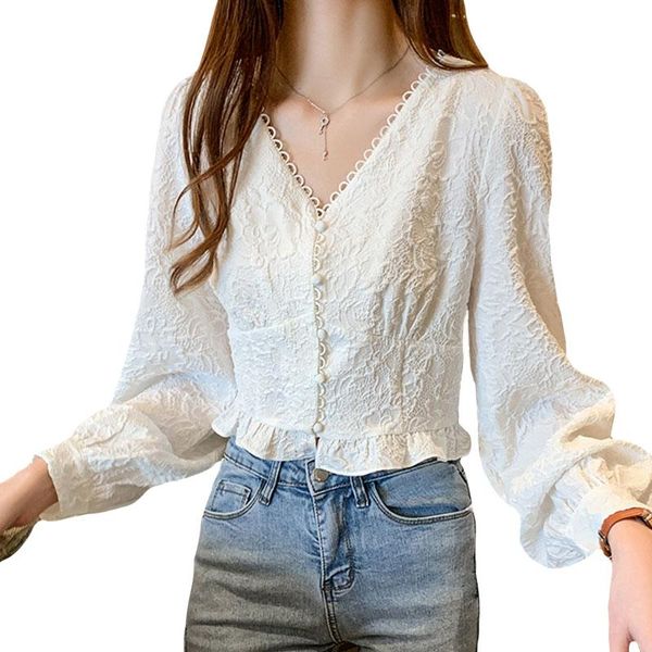 

women blouses office lady shirts white shirt clothes 2021 floral embroidery v-neck chiffon blouse autumn korean women's &
