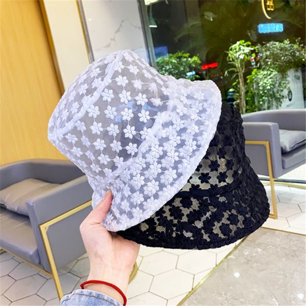 

south korea ins fisherman's hat women's summer fashion lace bucket lightweight flower embroidery sunshade, Blue;gray