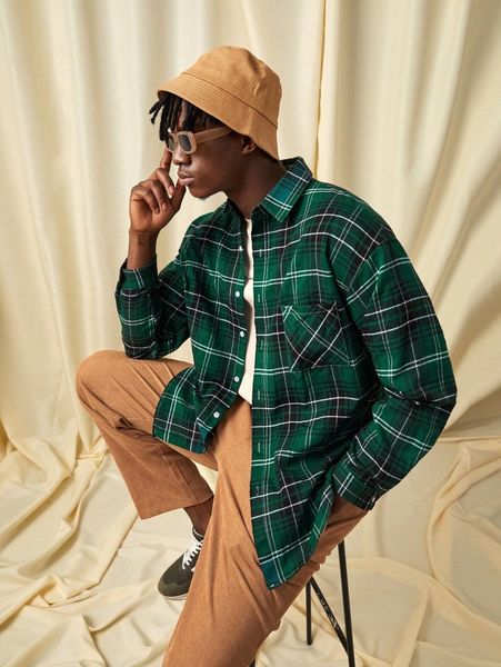 

romwe guys plaid button front pocket shirt u5ch#, White;black