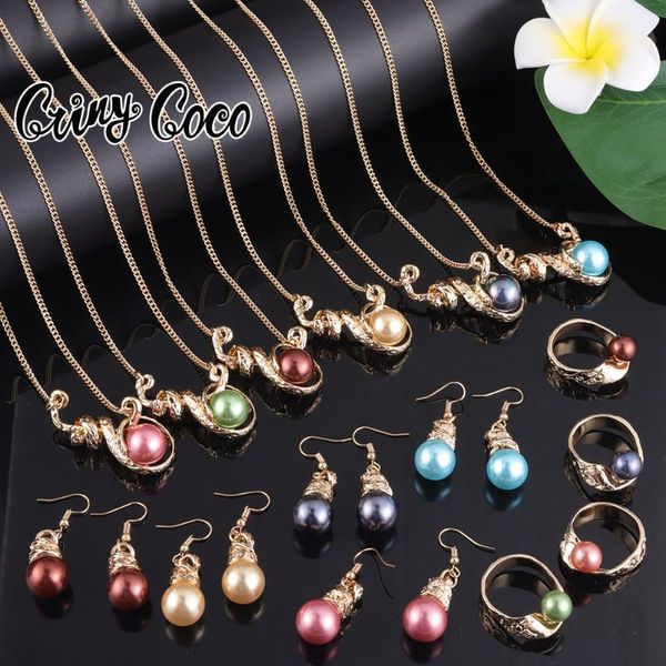 Orecchini Collana Cring Coco Set di gioielli hawaiani Trendy Colorful Pearl Bulb Earring Anelli Samoa all'ingrosso Set di anelli per le donne