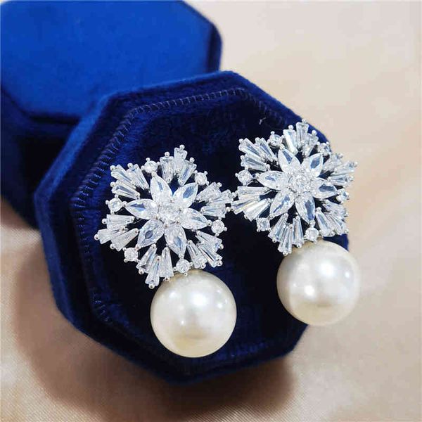 

rakol luxury square austrian cubic zirconia stud earrings for women fashion imitation pearl snow flower bridal girl jewelry, Silver