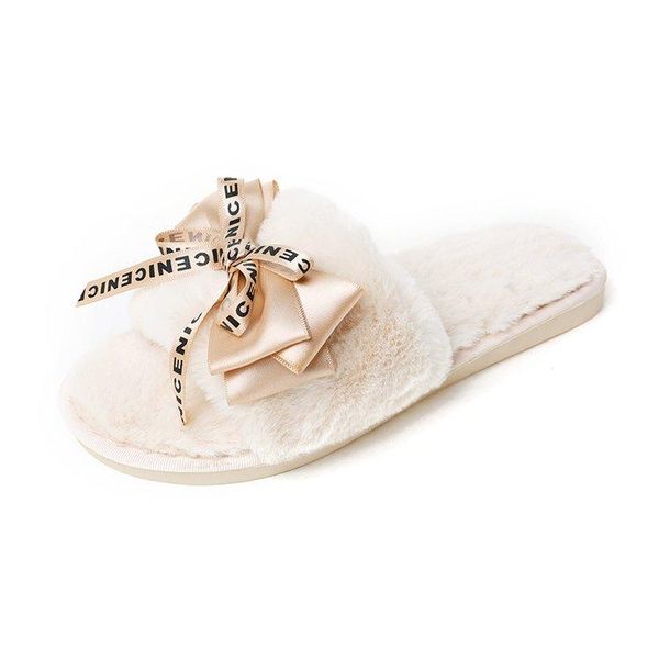

slippers 2021 women plush home with faux fur warm shoes woman slip on flats cute bowtie female slides plus size 41, Black