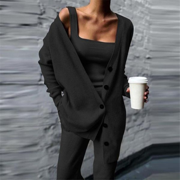 

women's two piece pants 2021 fall solid color rib knit 3-piece elegant strapless and set single-breasted long cardigan, White