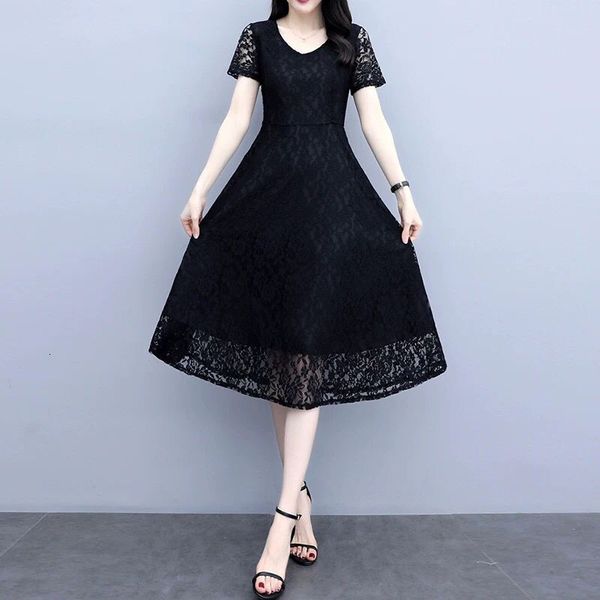 

dress black vintage female will see in casual lace the neck short sleeve party gowns at knee height ed plus size 4xl 5xl, Black;gray