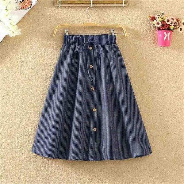 

vintage retro high waist women skirts pleated midi denim single breasted, Black